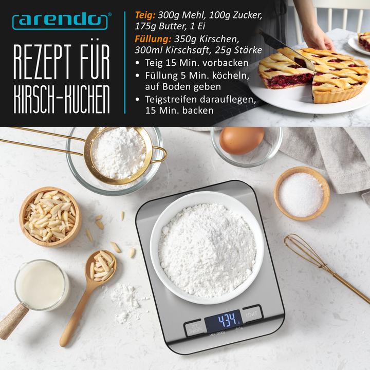 Produktbild Arendo Digitale Lebensmittelwaage bis 5 kg aus Edelstahl, Messgenauigkeit 1g, Tara-Funktion, Display