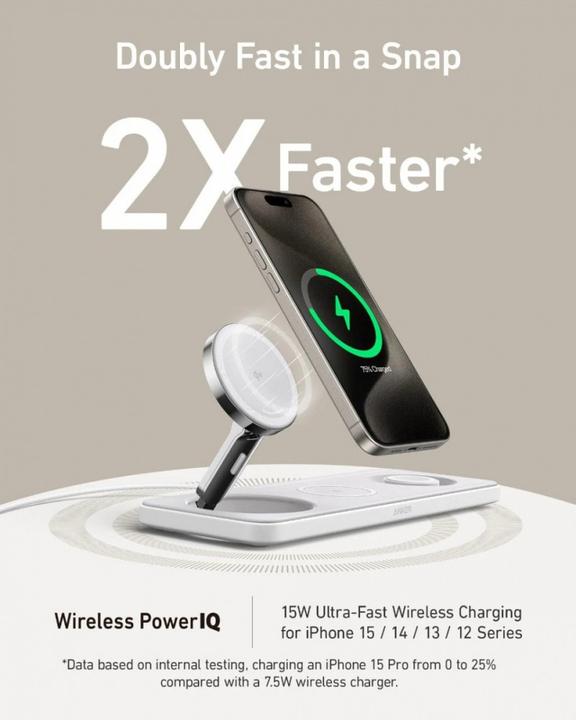 Actual product image Anker MagGo Magnetic Wireless Charger 15W, 3-in-1 Pad, White, EU Plug (25 W)