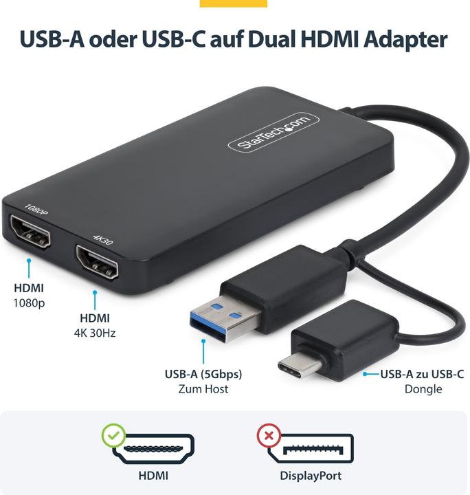 Actual product image StarTech com USB to Dual HDMI Adapter, USB A/C to 2x HDMI Displays (1x 4K30Hz, 1x 1080p), Integrated (USB-C, USB-A, 10 cm)
