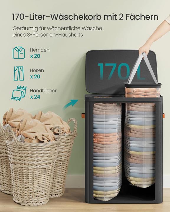 Produktbild Songmics Wäschekorb 170L 2 Fächer Deckel
