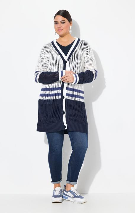 Produktbild Ulla Popken Long-Strickjacke, Streifen, V-Ausschnitt, Langarm (58)