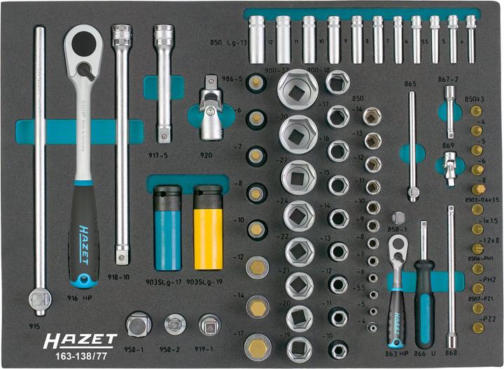Actual product image HAZET Socket set 163-138/77 ∙ Square, hollow 12.5 mm (1/2 inch), Square, hollow 6.3 mm (1/4 inch) ∙…