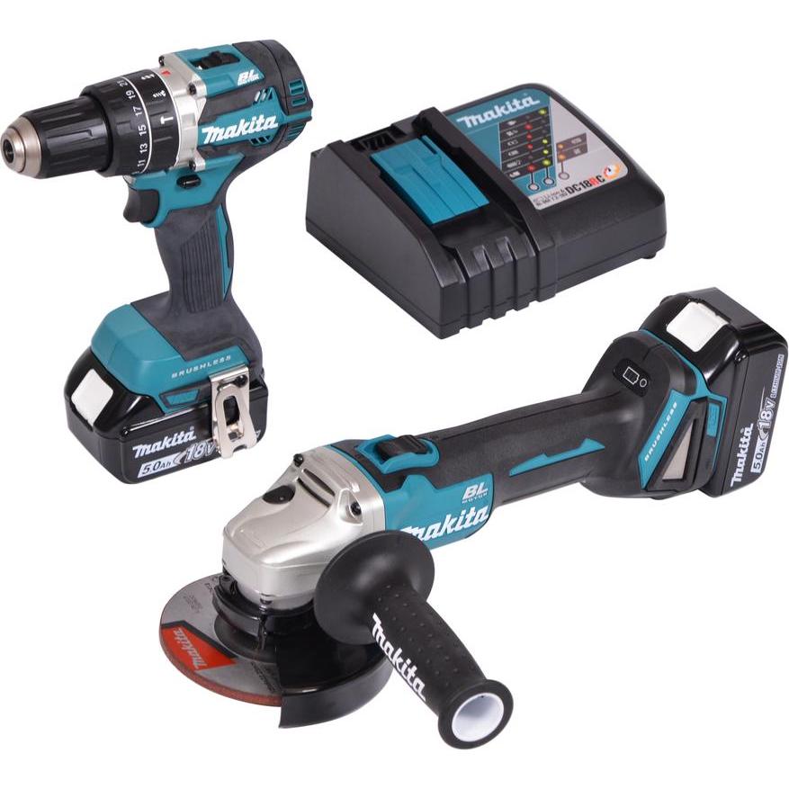 Makita, Elektrowerkzeug Set, DLX2210TJ1 18V Li-Ion accu klopboor-/schroefmachine (DHP484Z) & haakse slijper (DGA506) com...