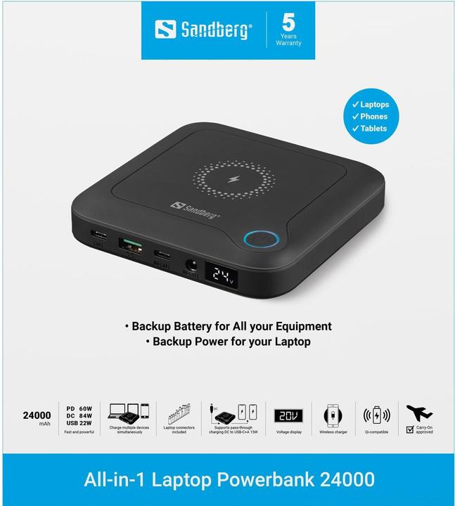 Produktbild Sandberg All-in-1 (24000 mAh, 60 W, 88.80 Wh)