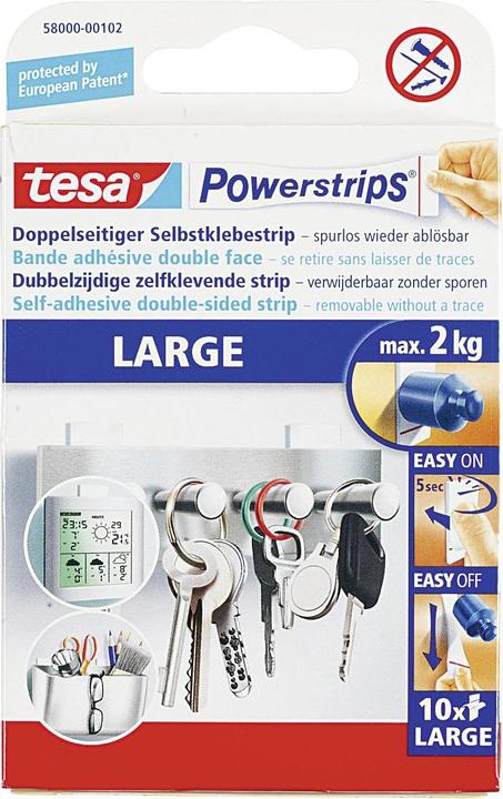Produktbild tesa Powerstrips LARGE, 2kg Halteleistung, 10x doppelseitige Klebestreifen