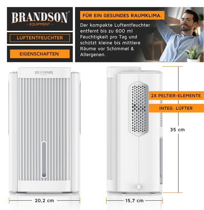 Produktbild Brandson Luftentfeuchter elektrisch, Raumentfeuchter, klein & leise, Wassertank 2000 ml, für 20 m³ Räume (20 m², 0.60 l/24h)