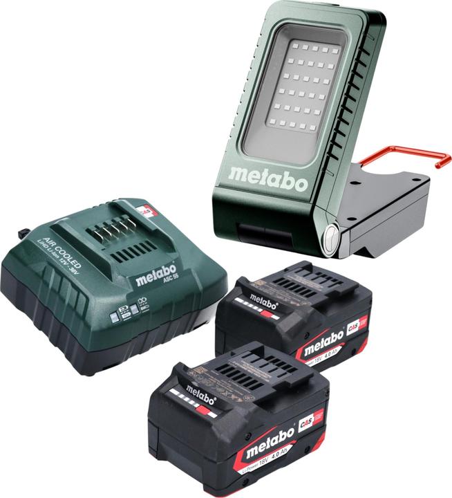 1x Metabo BSA 18-1000 Akku Baustrahler, 2x Metabo Li-Power Akkupack 18 V 4,0 Ah CAS Akku, 1x Metabo ASC 55 Ladegerät