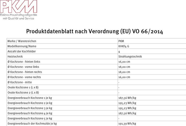 Nutritional values and ingredients PKM KHKF4 G Kochfeld autark Einbau 60cm Glaskeramik schwarz TIMER Touch (59 cm, Glass ceramic hob)