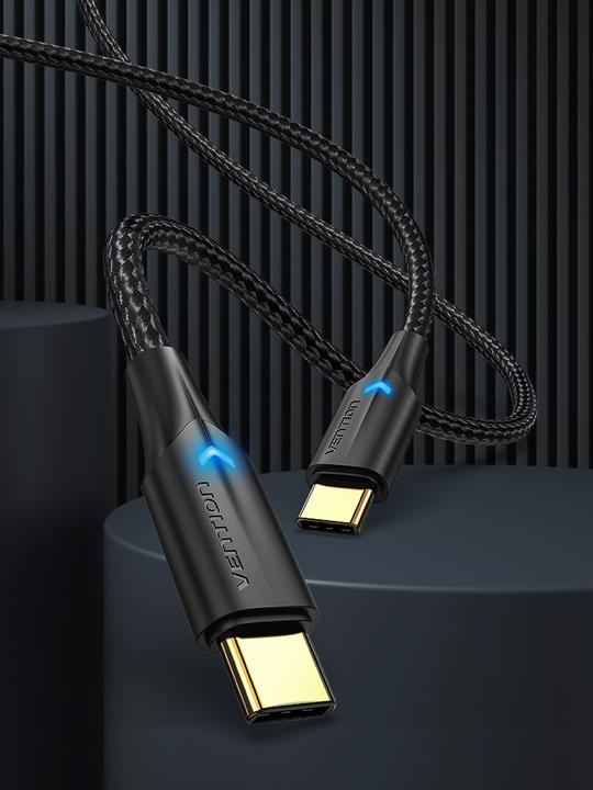 Actual product image Vention Nylon Braided USB 2.0 C Male to C Male 3A Cable 1M Black LED Type (1 m, USB 2.0)