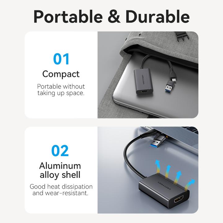 Produktbild Vention USB-C + USB-A to HDMI Adapter 0.15M Gray Aluminium Alloy Type (HDMI, USB Typ-C, USB-A, 15 cm)