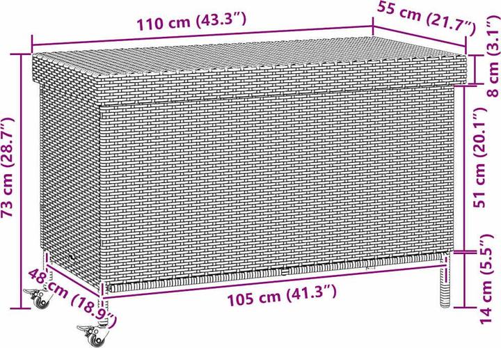Produktbild VidaXL Gartentruhe mit Rollen Grau 110x55x73 cm Poly Rattan Garten Auflagenbox