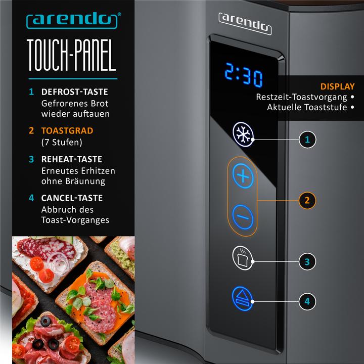 Actual product image Arendo Toaster stainless steel 2 slices short slot, display with remaining time indicator, touch panel