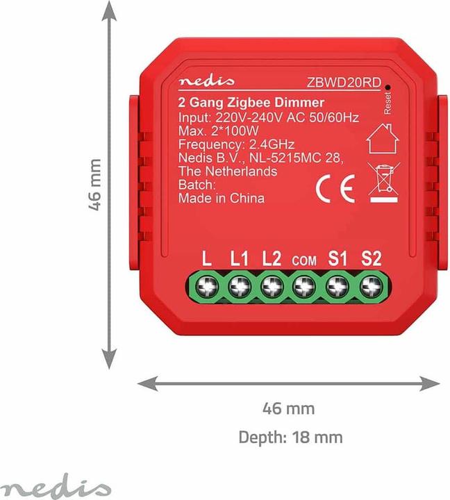 Actual product image Nedis ZBWD20RD SmartLife Power Switch Zigbee 3.0-2x100 W-Terminal Anschluss-App erhältlich für: Andro