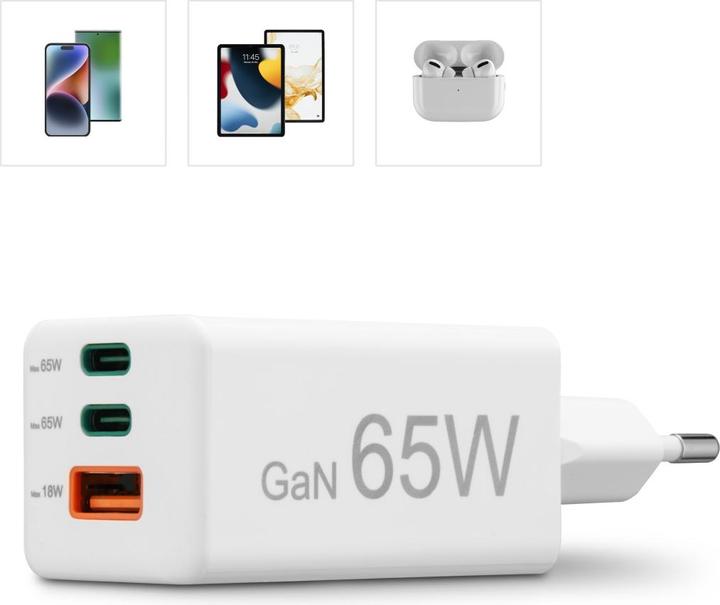 Hama Caricatore USB-C GaN 65W, 3 Porte (2 USB-C + 1 USB-A), Caricabatterie Rapido Compatto Per Cellulari, Laptop, Tablet, Con Spina Europea Pieghevole. Supporta Power Delivery.