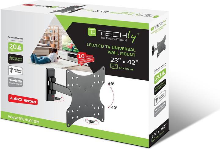 Image du produit Techly Pince pour téléviseur LCD (bras réglable) - noir - taille d'écran : 58.4-106.7 c (Mur, 20 kg, 23" - 42")