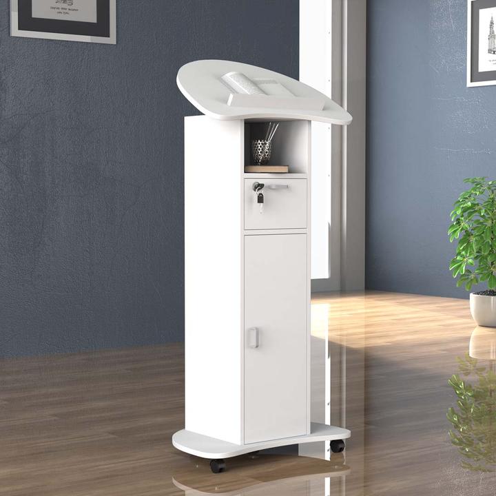 Immagine prodotto VCM Scrivania in piedi in legno Leggio Tavolo mobile in piedi Ruote rotanti Cassetto Redola Porta (56 x 37 x 110 cm)