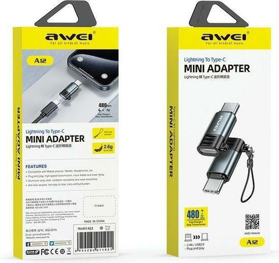 Actual product image Awei Adapter A12 Lightning/USB-C szare /grey (Lightning, USB-C, Lightning, USB-C)