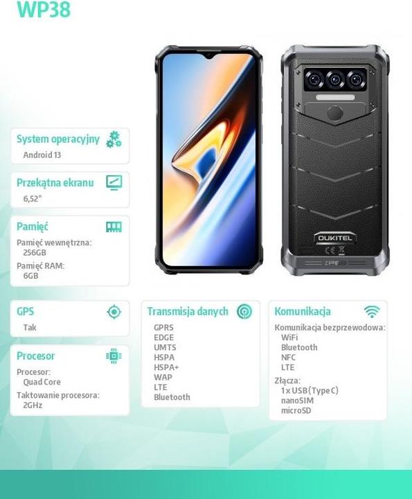 Actual product image Oukitel WP38 (6.52" - NFC - 10 600 mAh - 256 GB, 6 GB RAM) Black (256 GB, Black, Noir, 6.52", Dual SIM)