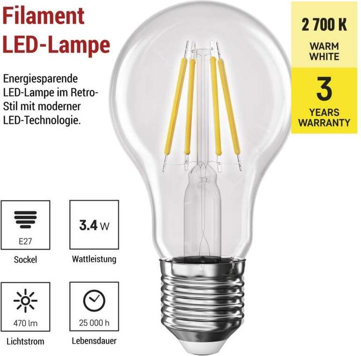 Produktbild Emos LED Lampe Filament A60 / E27 / 3,4 W (40 W) / 470 lm / Warmweiss (E27, 3.40 W, 470 lm, 1 x, D)
