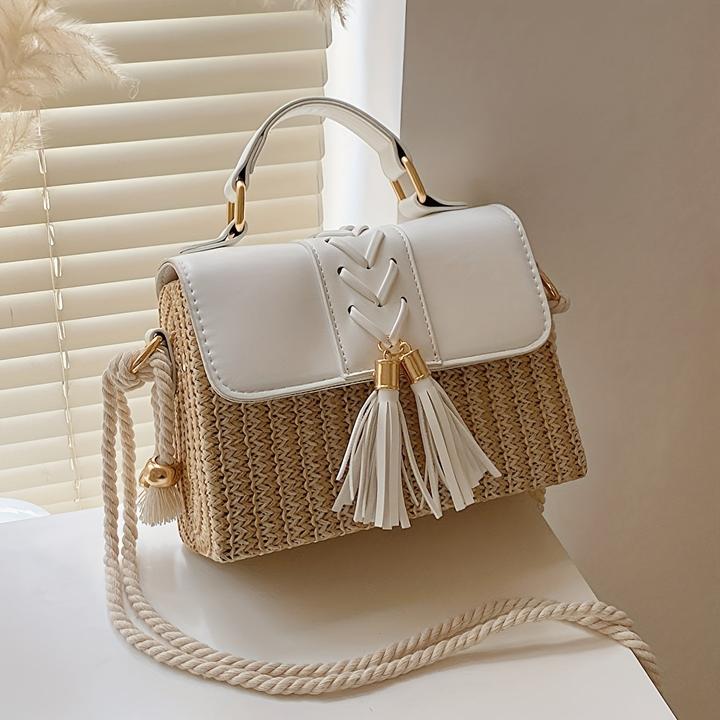 Immagine prodotto Only-Bags.Store Borse di paglia intrecciata con decorazioni di nappe, mini borsa da spiaggia con cinturino, manico