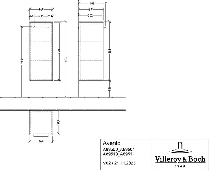 Immagine prodotto Villeroy & Boch Avento Cabinet A89500, 350x892x370, stop (cerniera) a sinistra