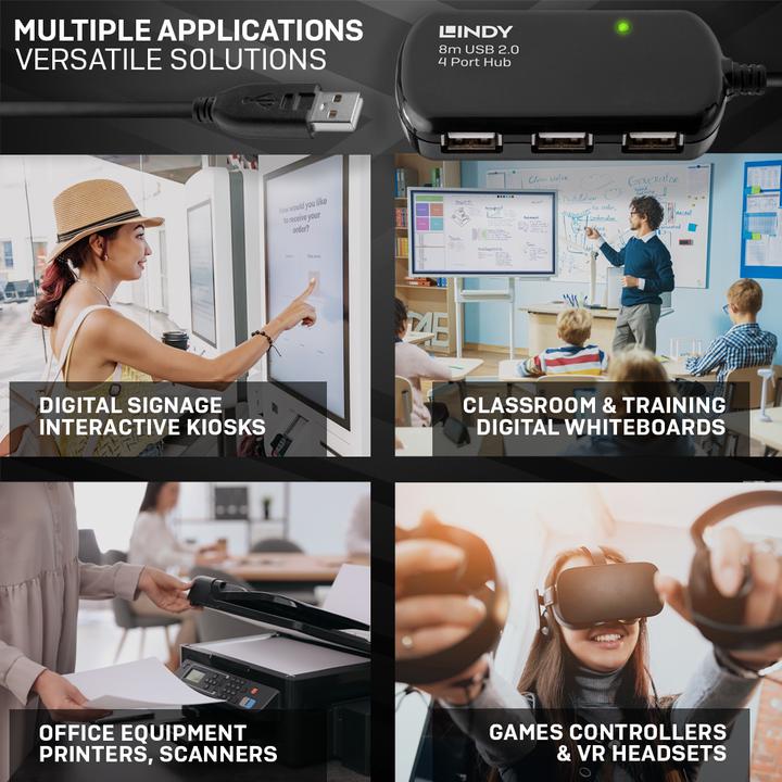Produktbild Lindy USB 2.0 Aktiv-Verlaengerung Pro 8m inklusive 4 Port USB-Hub (USB-A, 4 Ports)