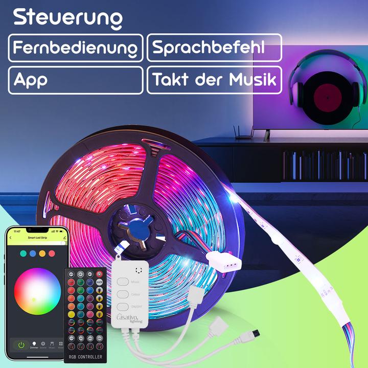 Actual product image Casativo WLAN-RGB-LED-Streifen mit App- und Sound-Steuerung (RGB, 500 cm, Indoor)
