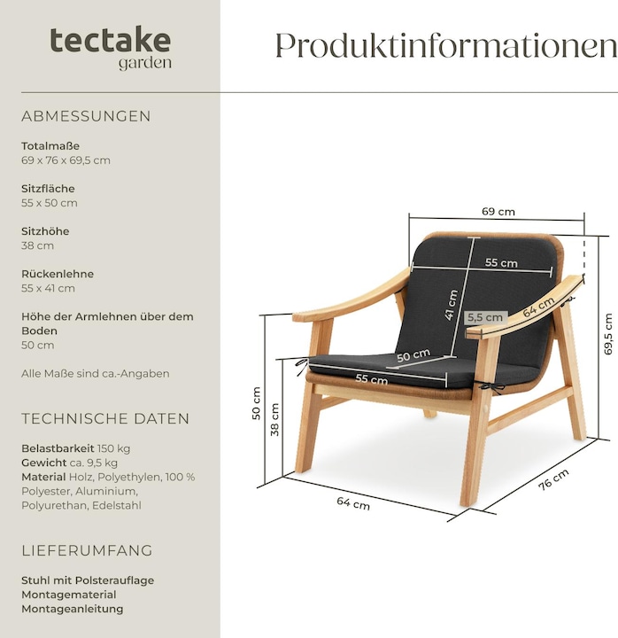 Immagine prodotto tectake Sedia in rattan Treviso, struttura in legno e cuscino