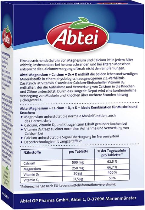 Valori nutrizionali e ingredienti Abtei Magnesio+Calcio+D3+K Tabl (42 pz., Pillole, 500 g)