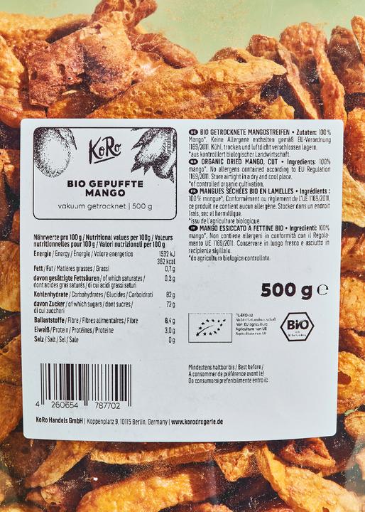 Nutritional values and ingredients KoRo Organic dried mango strips (500 g)