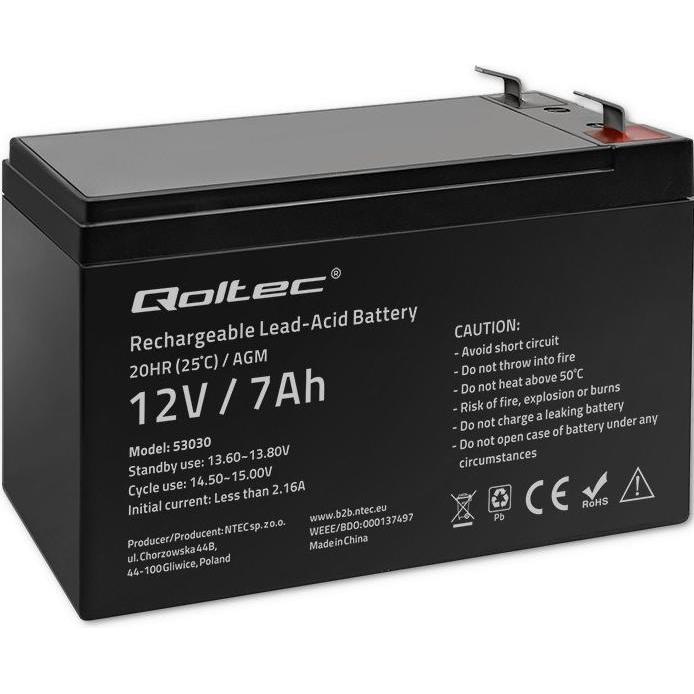 Thumbnail - Qoltec, Versorgungsbatterie, 53030 - AGM (Absorbierende Glasmatte) - 7 Ah - 12 V - 72 A - Motorrad - Schwarz (12 V, 7 Ah...