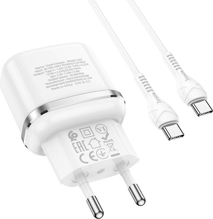 Actual product image Hoco Victorious N24, 20W, 3A, 1 x USB-C, with USB-C Cable, white
