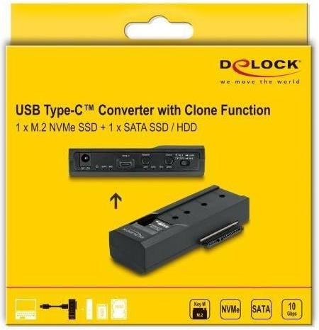 Produktbild Delock USB Type-C Konverter für 1 x M.2 NVMe SSD + 1 x SATA SSD / HDD mit Klon Funktion