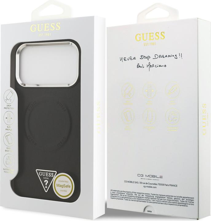 Produktbild Guess Case Magsafe PU Leather Case With Triangle Logo Silver Metal Camera Frame For iPhone 17 Pro Bl (Apple iPhone 17 Pro)