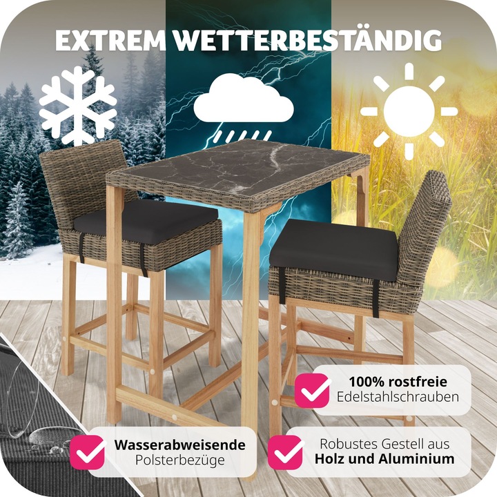 Produktbild tectake Rattan Bartisch Kutina mit 2 Stühlen Latina (96 cm)