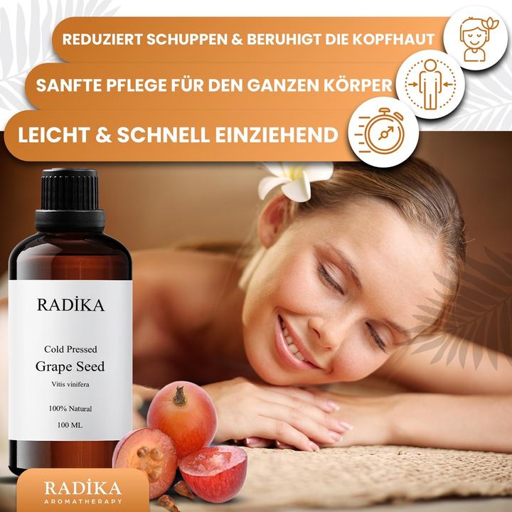 Produktbild Radika Traubenkernöl, Kaltgepresst, 100% Rein, BIO, natürlich, 100 ml (Körperöl, 100 ml)