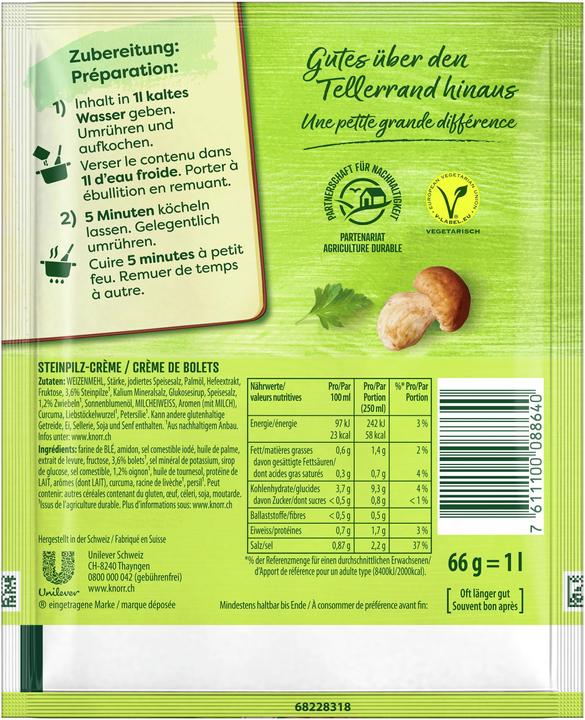 Nährwerte und Zutaten Knorr Steinpilz-Crème Suppe Beutel, Pilzsuppe mit feinen Steinpilzen, crèmig & mit Zwiebeln abgeschmeckt
