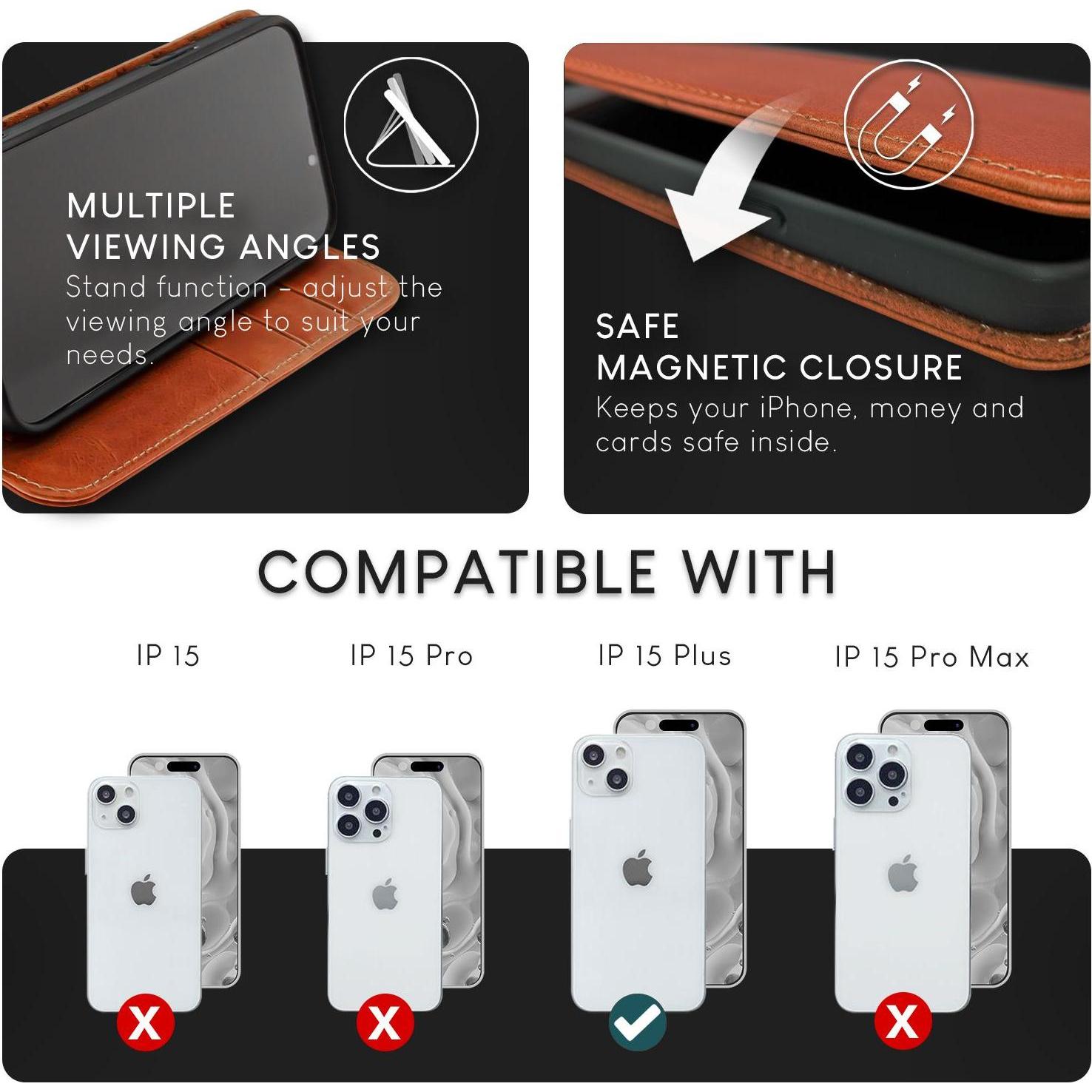 Thumbnail - Nalia Echt Leder Flip Case Hülle mit Magnetverschluss (Apple iPhone 15 Plus), Smartphone Hülle, Braun