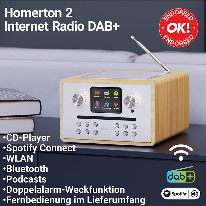 Produktbild Majority Homerton 2 Internet, Bluetooth, DAB en FM Radio + CD Speler - Eikenkleur (FM, DAB+, WLAN, Bluetooth)