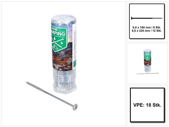 Produktbild Spax CAMPING SET: HI.FORCE 8x220, HI.FORCE 6x160, UNTERLEGSCHEIBEN, BIT T30, BIT