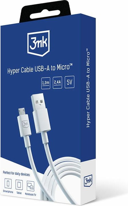Actual product image 3MK Hyper Cable USB-A - Micro USB 1.2m 5V 2.4A Biały/White cable (1.20 m)