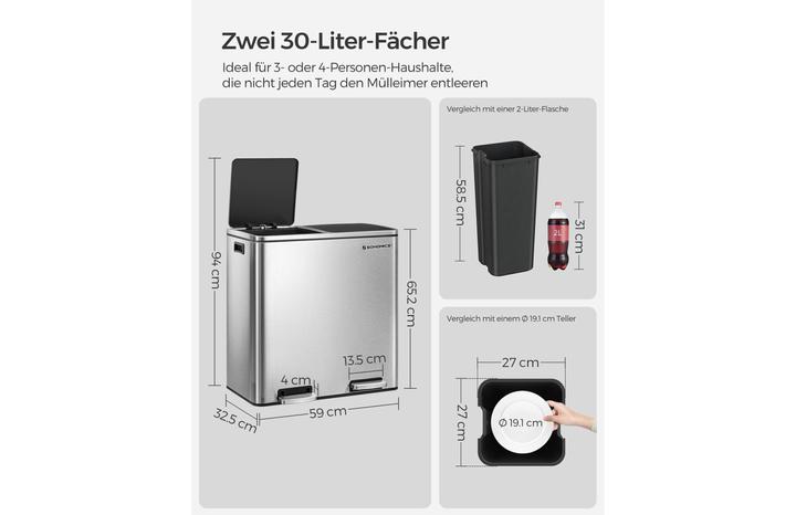 Immagine prodotto Songmics Treteimer 2 x 30 L, Silber, Fassungsvermögen: 60 (60 l)