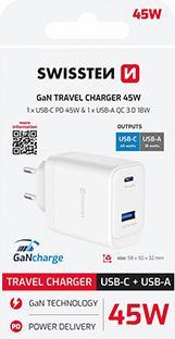 Produktbild Swissten Netzadapter CORE GaN 45W, 2 Ports, 1x USB-C, 1x USB-A (45 W, 2 Ports)