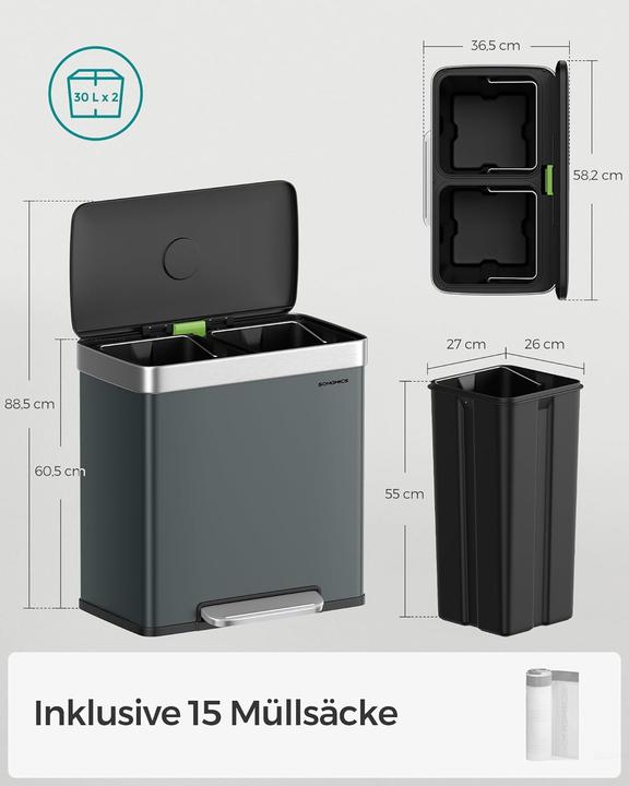 Produktbild Songmics Mülleimer mit 2 Fächern (60 l)