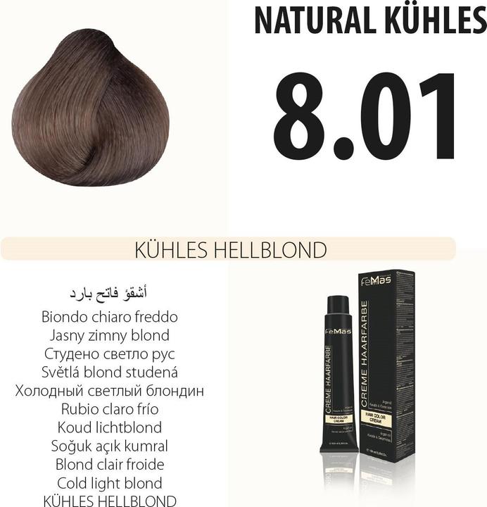 Immagine prodotto FemMas 8.01) Colore per capelli biondo chiaro freddo 100ml (Biondo chiaro freddo)