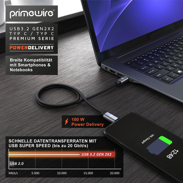 Image du produit Primewire Câble USB C 3.2 Gen 2x2, câble de charge PowerDelivery 100 watts, câble de données 20 Gbit/s, câble (2 m, USB 3.2, 100 W)