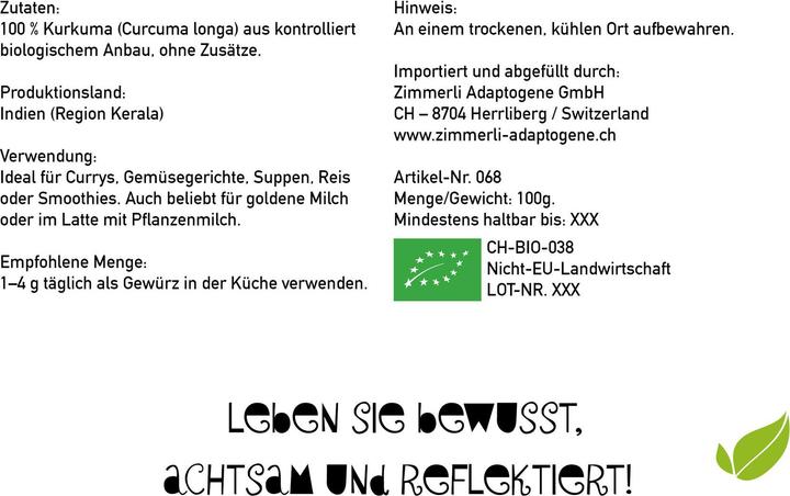 Produktbild Zimmerli Adaptogene Kurkuma Pulver (BIO) (1 Stück, Pulver, 100 g)