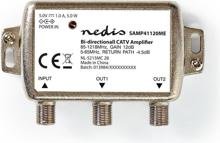 Nedis SAMP41120ME CATV-Verstärker Verstärkung: 12 dB 85-1218 MHz Anzahl der Ausgänge: 2 Rückweg Silb (Stromversorgung)