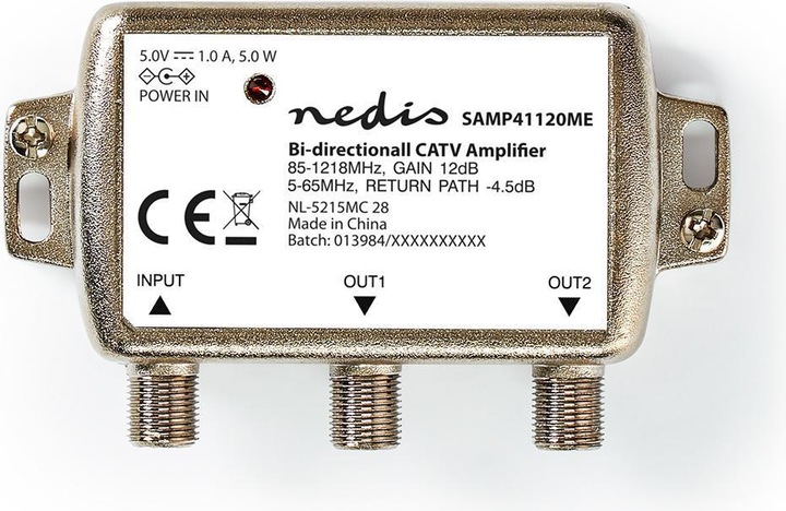 Nedis SAMP41120ME CATV-Verstärker Verstärkung: 12 dB 85-1218 MHz Anzahl der Ausgänge: 2 Rückweg Silb (Stromversorgung)