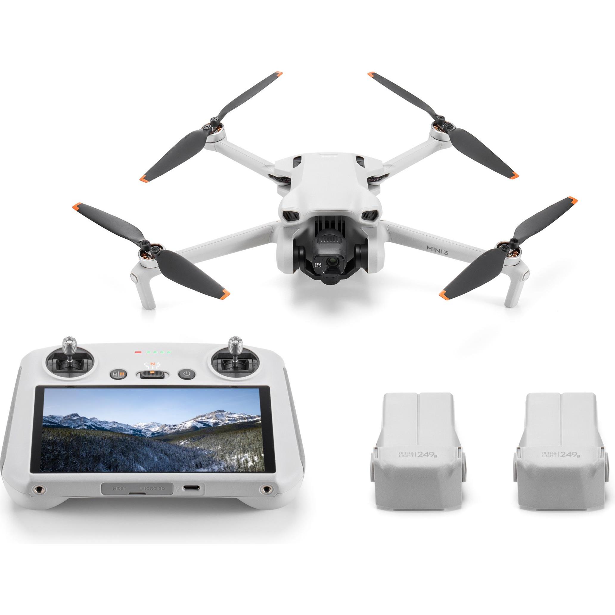 DJI Mini 3 mit RC Controller und Fly More Combo (38 min, 248 g, 48 Mpx), Drohne, Grau, Schwarz